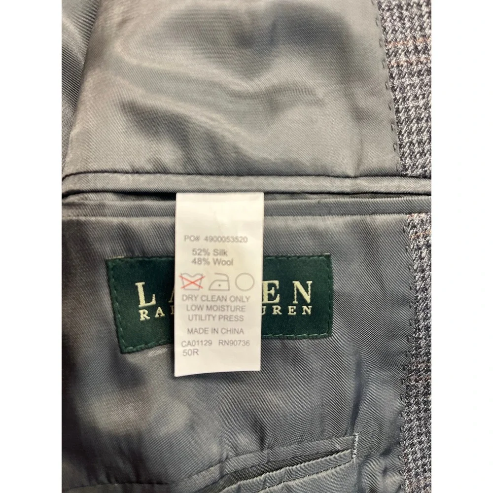 Lauren Ralph Lauren Mens 50R Silk Wool‎ Blazer Grey Houndstooth Sport Coat 50 R